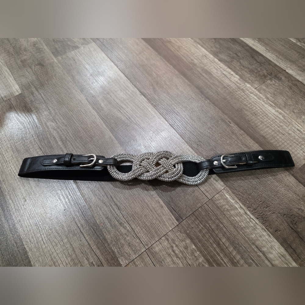 Black silver buckle 90s waist belt stretchy L/XL classy Lagenlook Whimsigoth y2k